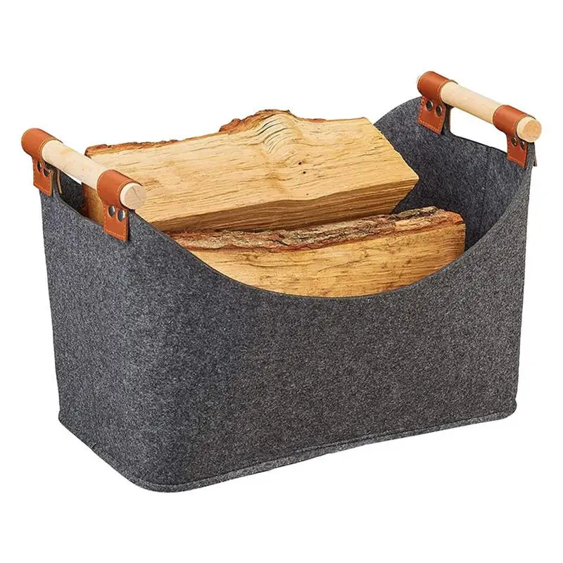 Sac de rangement pliable pour bois de chauffage, avec poignées en bois, organisateur de bois de chauffage, panier en bois, sac de rangement polyvalent en feutre pour vêtements et jouets