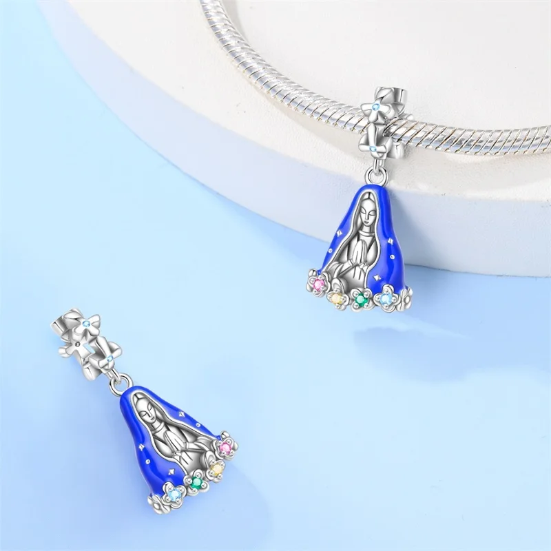 925 Sterling Silver Nossa Senhora Aparecida Dangle Cross Charms Pendants Fit Pandora Original Bracelets DIY Jewelry For Women