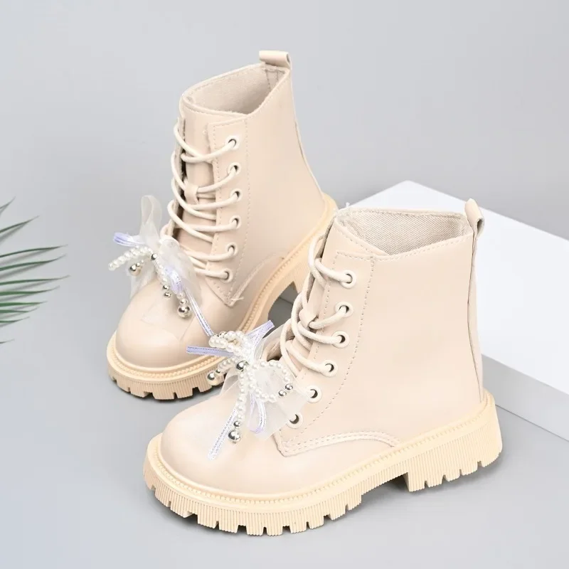 

Girls Leather Boots with Sweet Beading Bows Kids Princess Boots Round Toes 2025 Autumn New Children Ankle Boots Soft Bottom