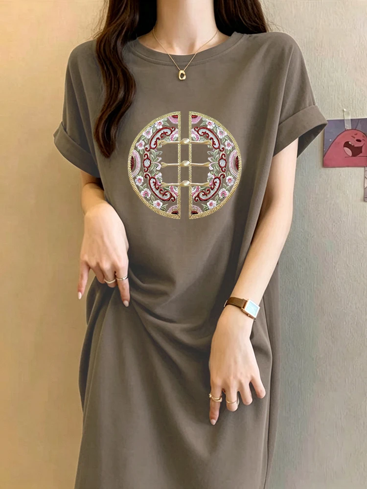 Loose Fit plus Size T-Shirt Dress round Neck Short Sleeve Printed New Chinese Style Casual Cotton Summer Dress for Women