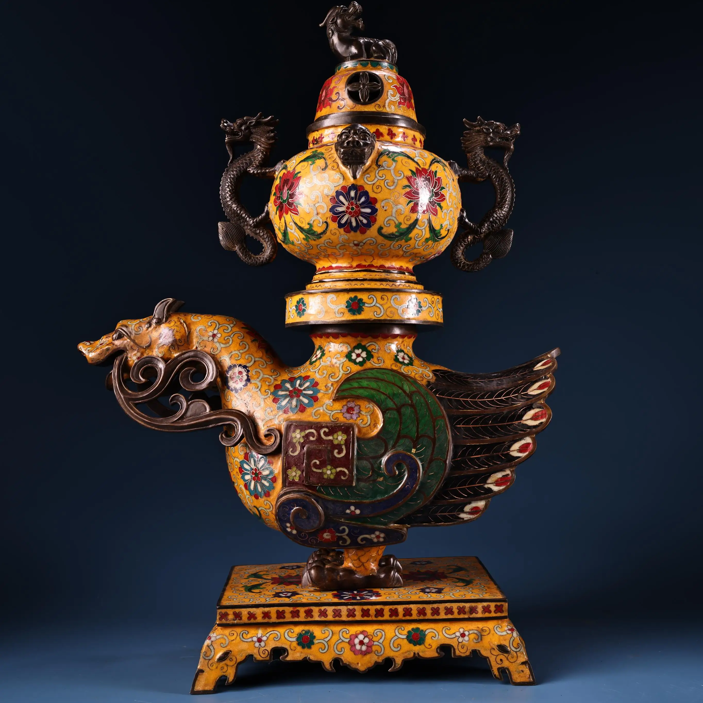 Old Nepalese temples  Bronze Cloisonn Enamel High Relief Unicorn Statue  Base Dragon ear Pixiu Incense Burner