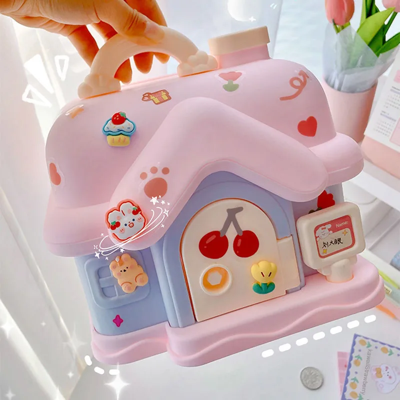 Cute House Piggy Bank With 3D Sticker Kawaii Large Size Safe Money Box Organizer With Key Birthday Gift For Girl Boy Kids Adults