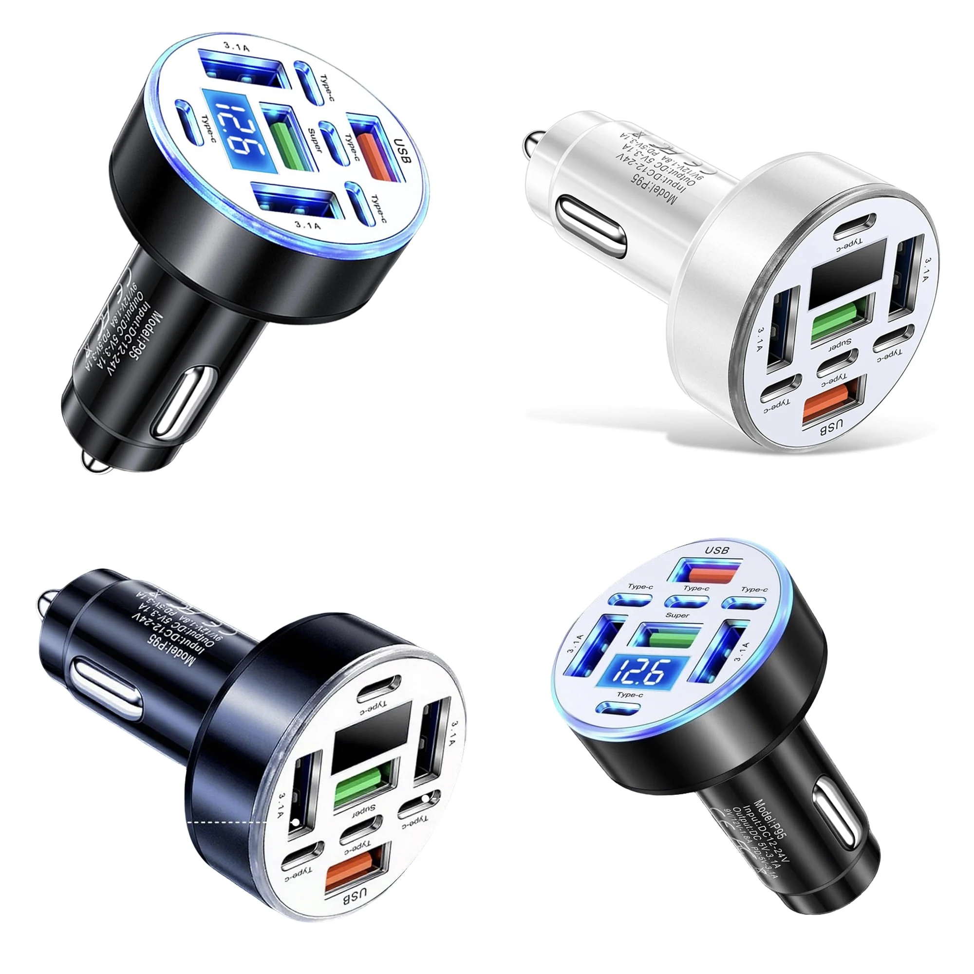 UYUXIO USB C Car Charger Adapter 4 PD 4 USB A with Voltage Display Multi Port Super Fast Charge with Volt Meter for iPhone