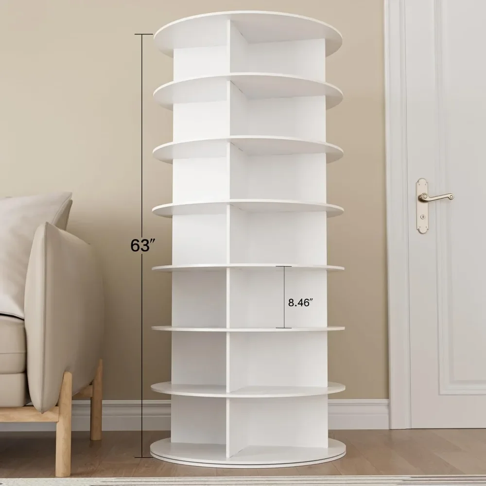 Rotating Shoe Rack Tower 7 Tier Organizer, Vertical Spinning Shoe Display Lazy Susan, Revolving 360 White Shoe Rack