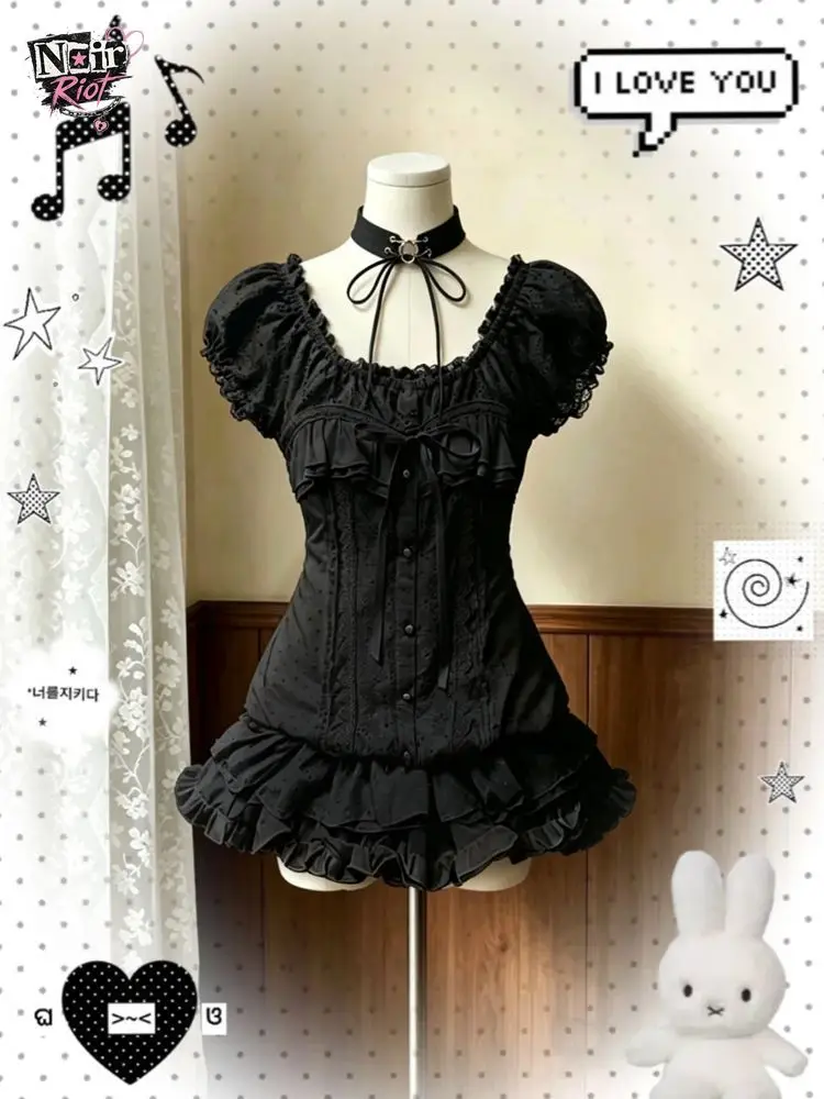 Gothic Kawaii Jirai Kei 2 Piece Set Women Petite Puff Sleeve Lace Bow Ruffle Mini Skirt Corset Top Party Outfit 2026