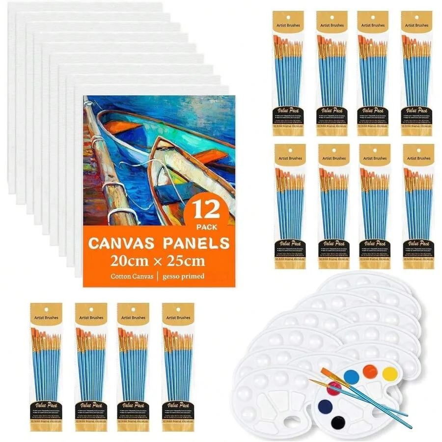 144 Pcs Wooden Art Brush Set Complete Painting Kit 120 Painting Brushes 120 Canvases 12 Palettes Multipurpose Art Supplies For