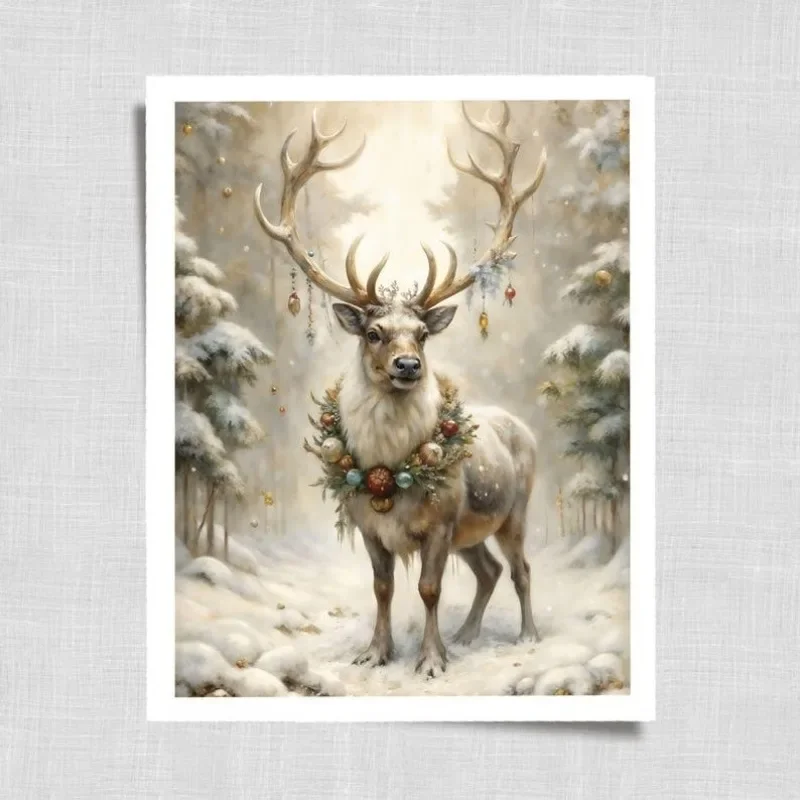 Multiple sizes 1pc frameless Canvas Painting Noble Reindeer Winter Print Large Christmas Wall Art, Vintage Oil Painting Prints C