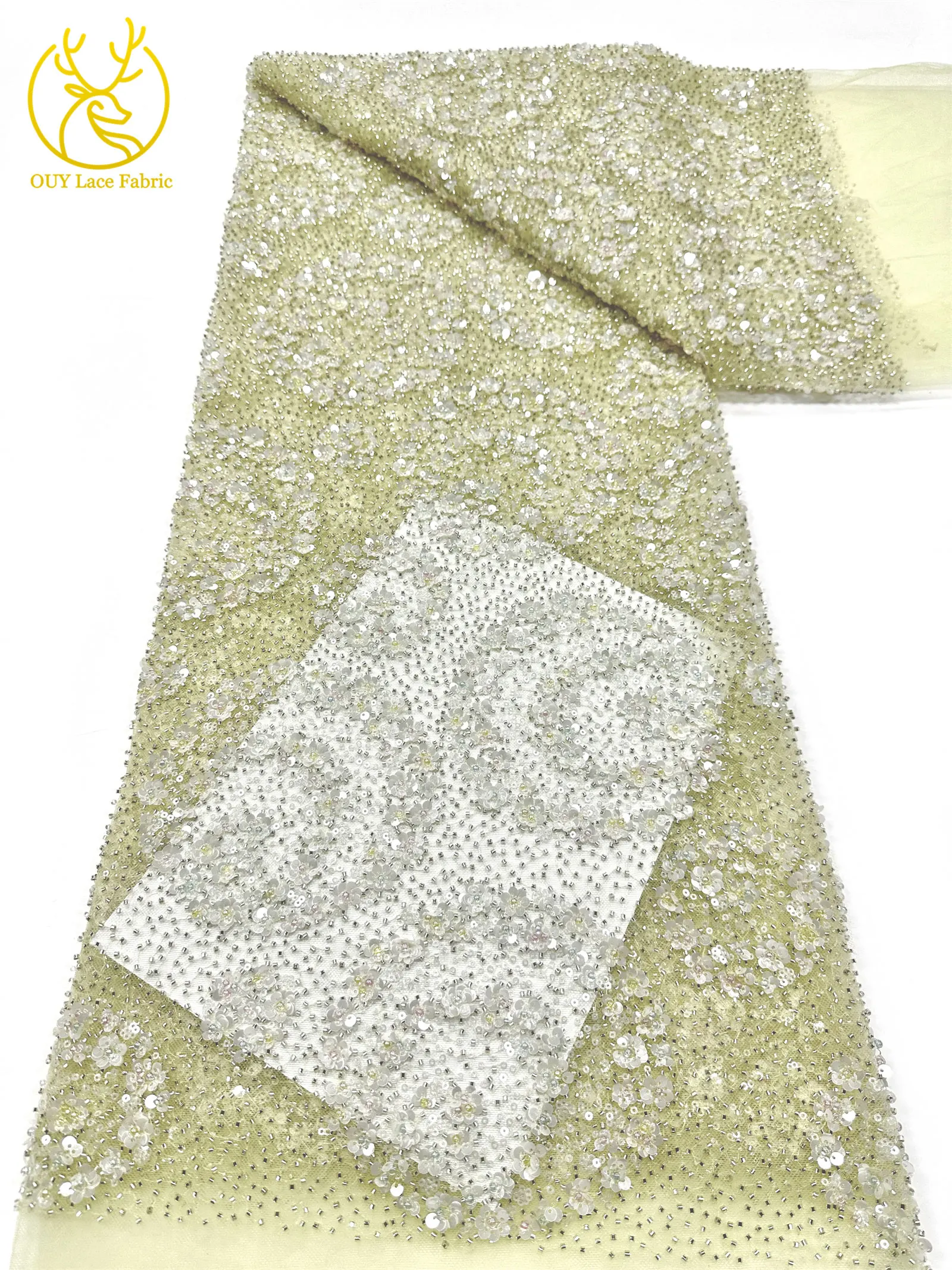 Exquisiter, eleganter nigerianischer bestickter Tüll-Spitzenstoff mit Perlen und Pailletten für Damen, zum Nähen von Ballkleidern. – Detail 16