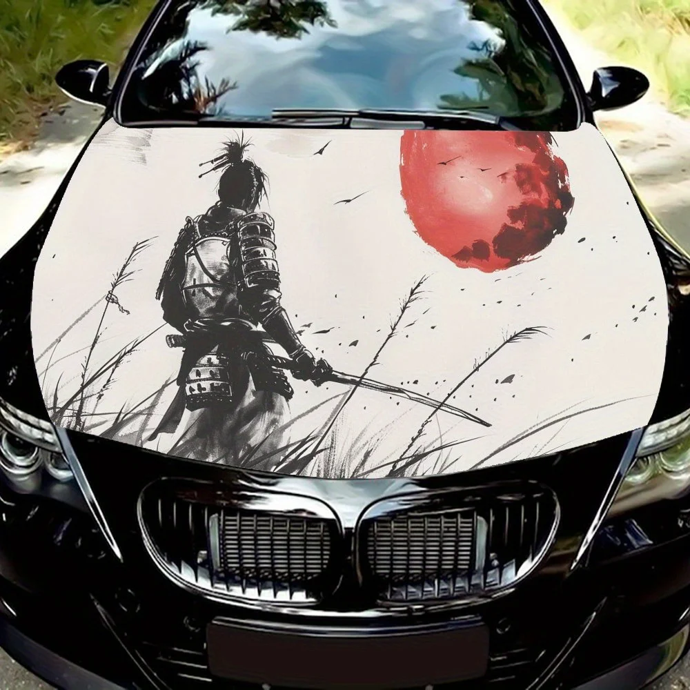 

Ink Wash Style Warrior Red Sun Car Vinyl Wrap, PVC Waterproof Car Hood Sticker, Self-Adhesive Scratch-Resistant Stickers for Eng