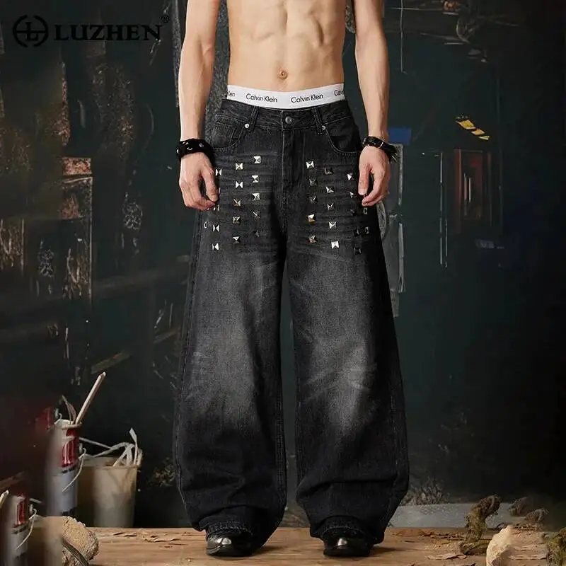 

LUZHEN 2026 New Original Sequin Rivet Metal Patchwork Loose Straight Denim Pants Men Fashion Street Casual Wide Leg Jeans JY6615