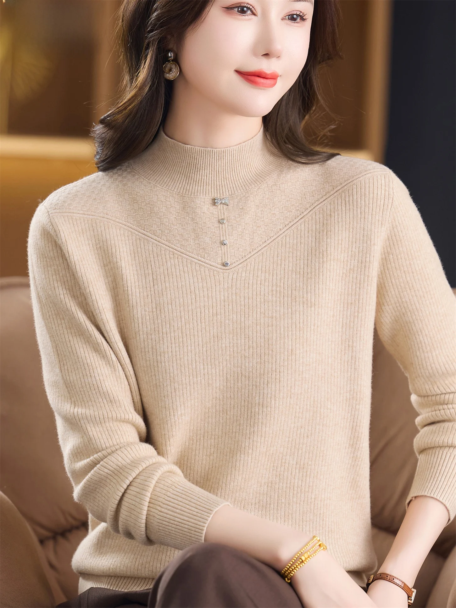 

Модный зимний шерстяной свитер для мамы, свободный, удобный внутренний топ с ромбовидными шипами для женщин среднего возраста и ly