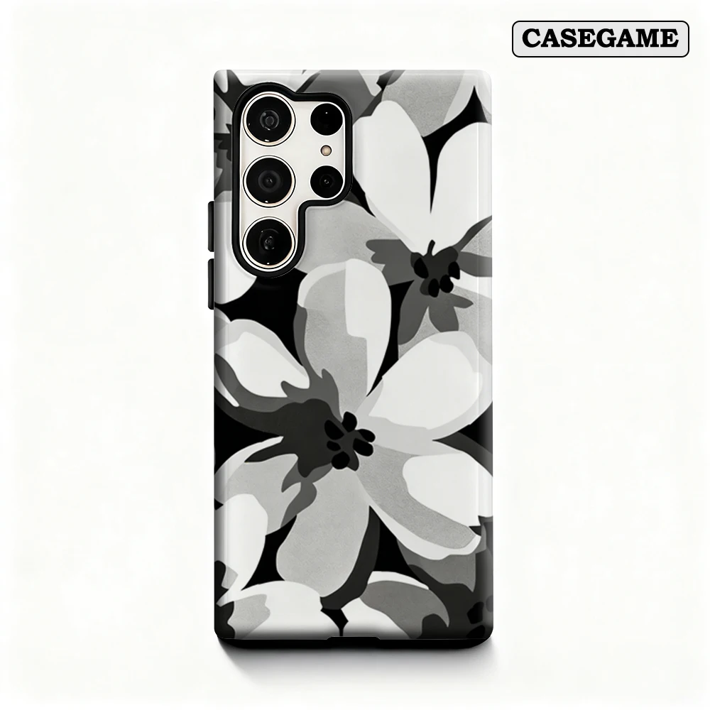 Casegame Phone Case for Samsung Galaxy S25 S26 Ultra S24 S23 Ultra Plus Shockproof Double Layer Monochrome Floral Print Cover