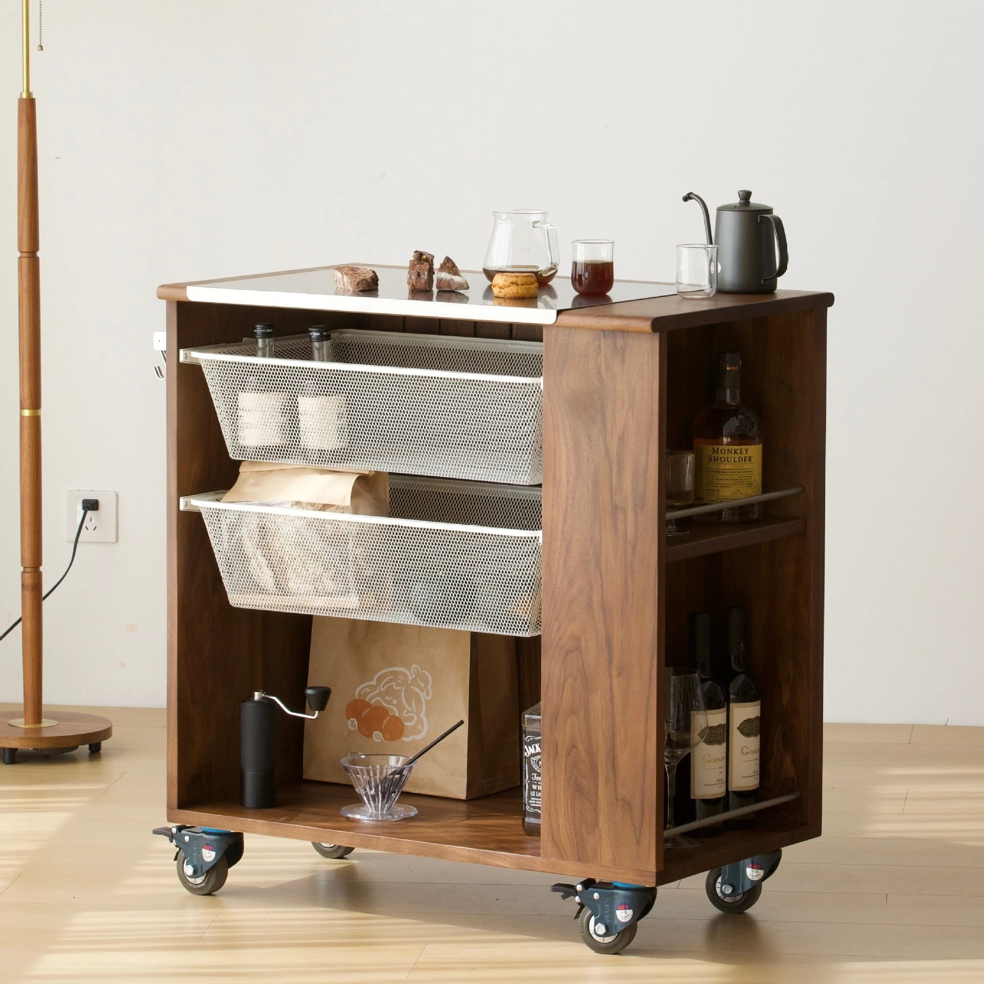 Mobile island, solid wood kitchen, trolley, bar, tea cabinet, cherry wood, mid-island table, side cabinet