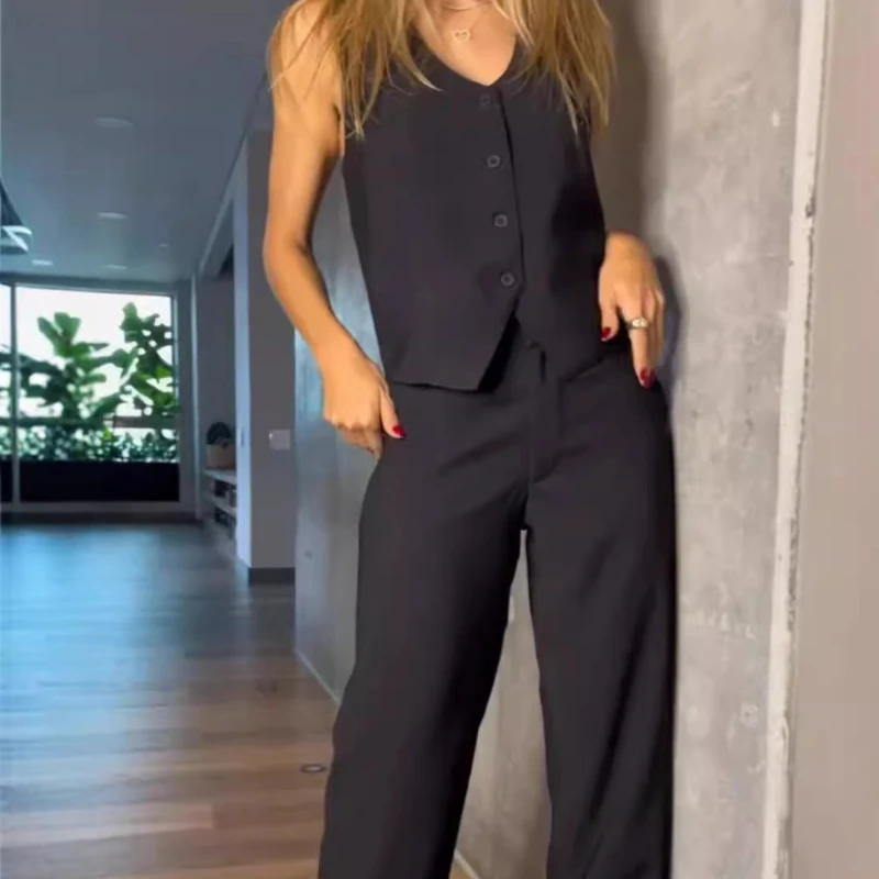 

Pant Sets Women Vets Sleeveless Two Piece Long Pant Suits Solid Button V Neck Vest Backless Casual Midi Waist Summer 2025