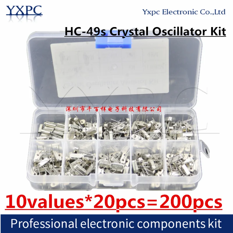 

10values*20pcs=200pcs HC-49s Crystal Oscillator Kit Passive crystals 49S 4M 6M 8M 11.0592M 12M 16M 22.1184M 24M 48M 32.768K 2*6