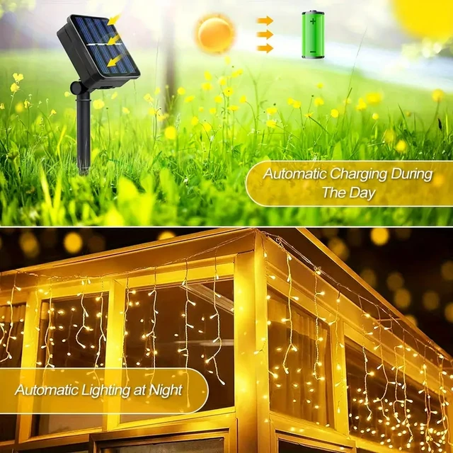 NEW Solar Christmas Icicle Lights 162 LED 8 Modes Waterproof Curtain String Lights for Outdoor Garden Room Holiday Lighting 3