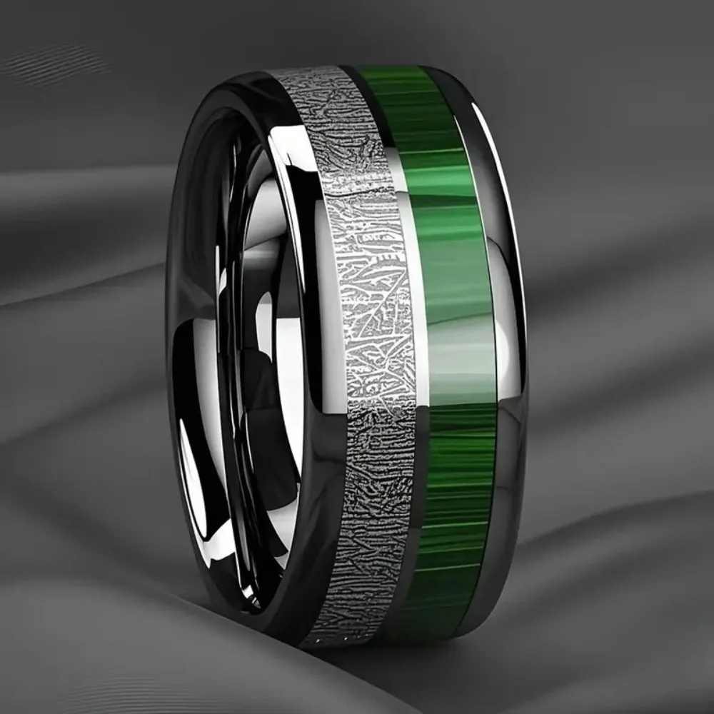 Fashion Stainless Steel Double Beveled Double Groove Inlaid with Green Marble 8 Mm Wide Rings for Men Personality Finger Jewelry
