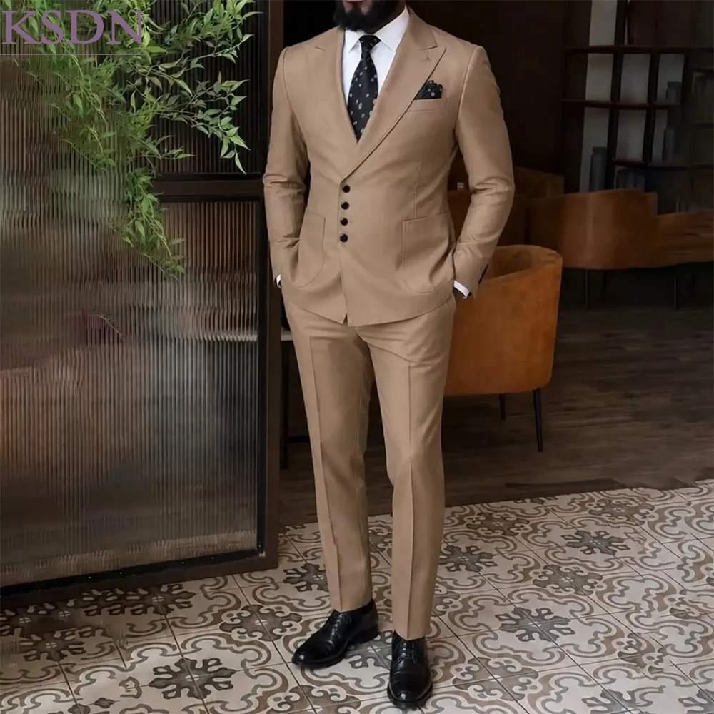 Slim Fit Men's 2 Piece Suits Customized Single Breasted Peak Lapel Slim Fit Jacket Pants Wedding Outerwear Costume