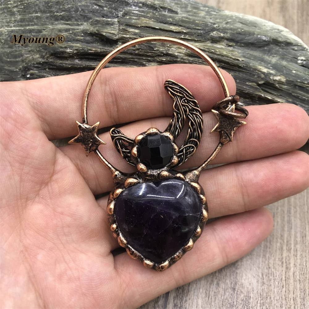 5PCS Bronze Plated Large Heart Shape Natural Amethysts Crystal Vintage Necklace Pendant Moon Stars Stone Bohemia Jewelry