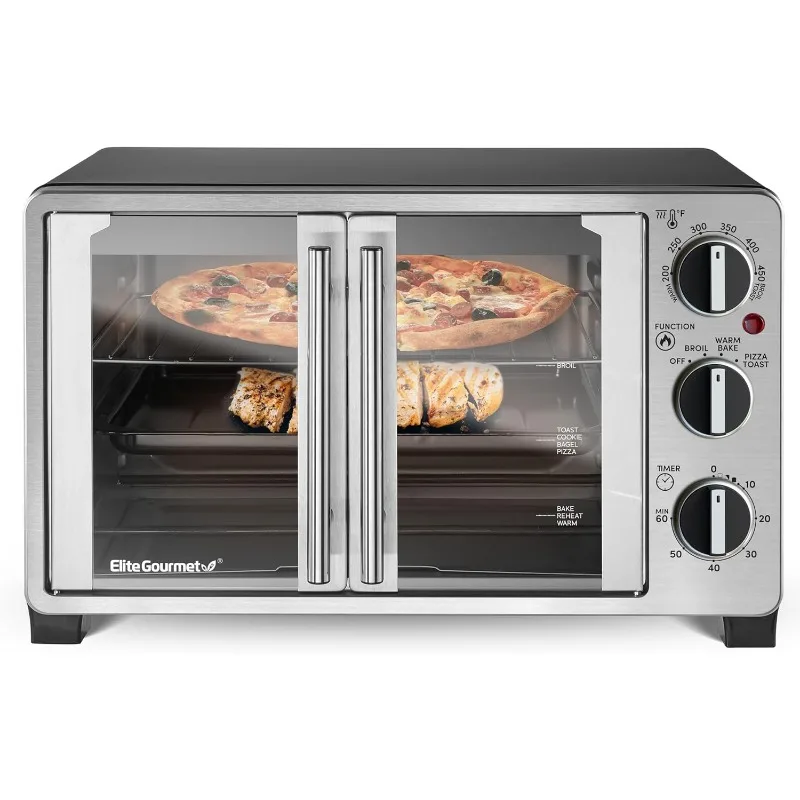 Horno de encimera de doble puerta francesa, hornea, broil, tostada, mantiene el calor, adecuado para pizzas de 2 ", 25L de capacidad, acero inoxidable negro