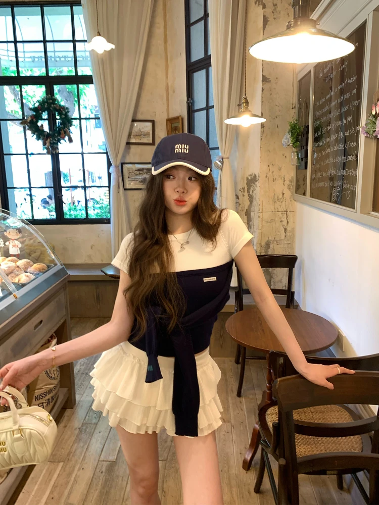 

OKJJ Zhang Ying Splice Knitted Short Sleeve T-Shirt Women's Casual Style Slim Fit Cotton Polyester Blend Short Length Top