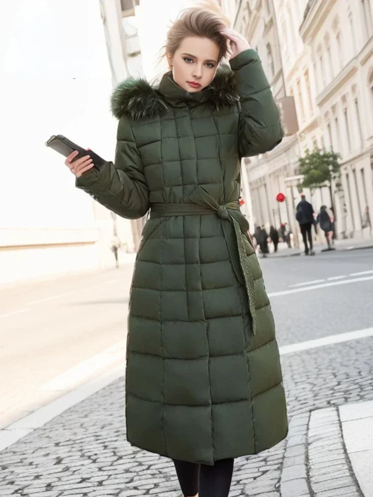 Winter Jacket Women Warm Oversize Padded Black Parkas Long Quilted Tops Coat Women\'s New with Hood Fur Belt Thick Jackets 2024