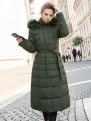 Parkas pretas acolchoadas de tamanho grande feminino, tops longos acolchoados, capuz, cinto de pele, jaquetas grossas, casaco quente, inverno, novo, 2024