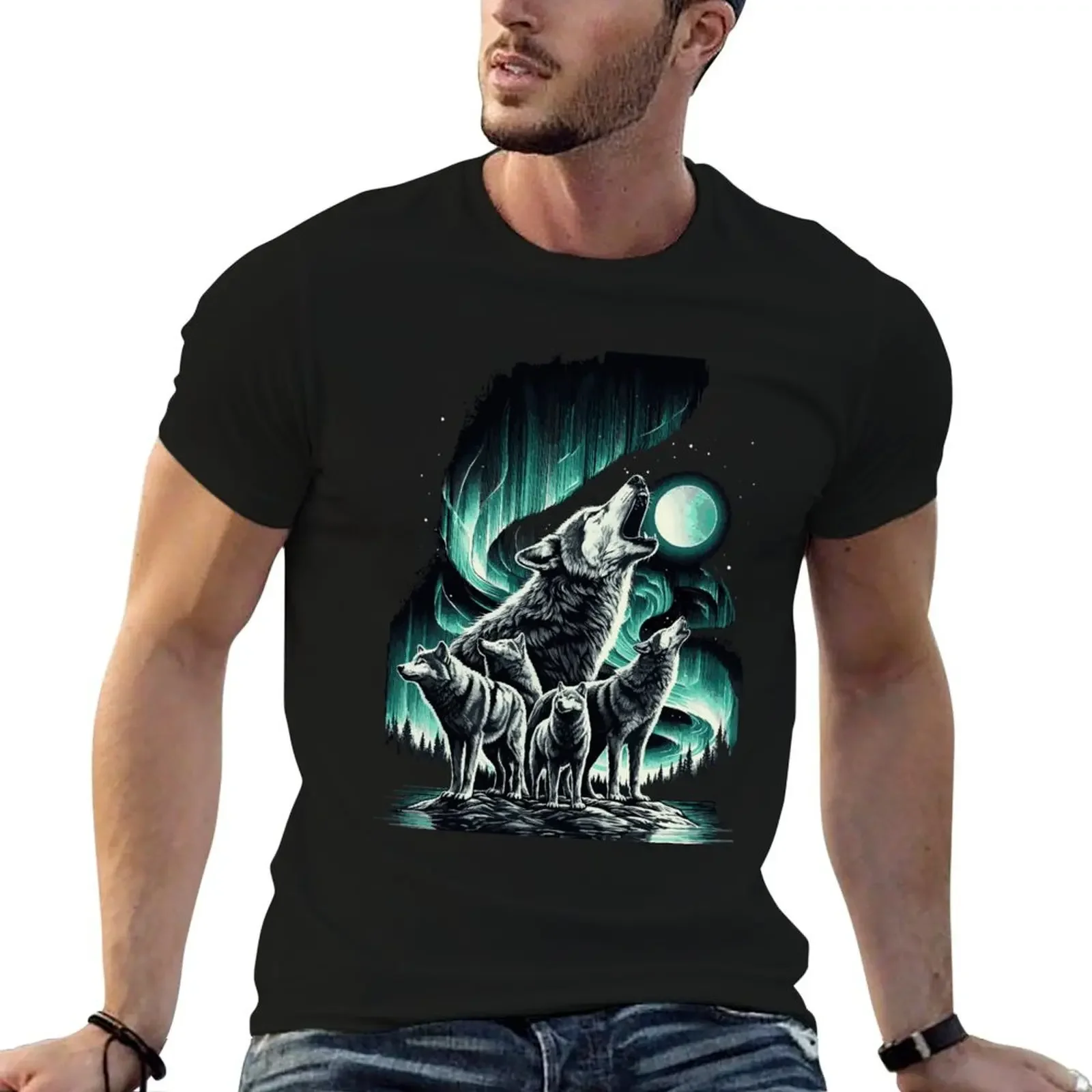 

Pack of Wolves Howling Under the Northern Lights in a Stunning Landscape T-Shirt funny costumes anime figures men clothings