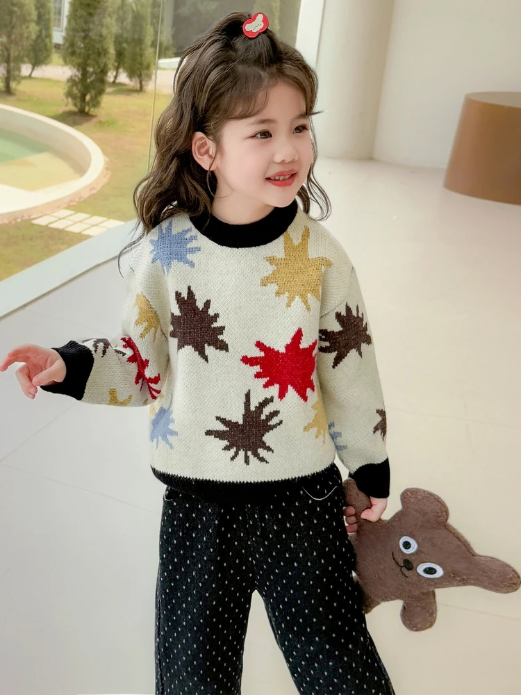 Thiened suéter de malha para meninas redondo ne overhead design de desenho animado outono inverno novo sle base de lã quente irt