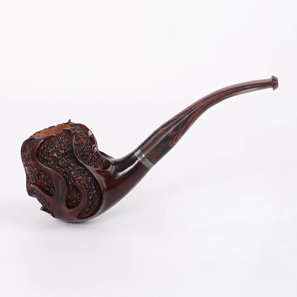 High Quality Briar Wood Smoking Pipe Hand Carved Bent Stem Mouthpiece 3mm Filter With Silver Decorative Ring