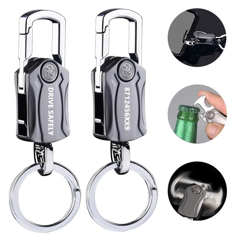 Custom Text Keychains 4-in-1 Heavy Duty Key Chain Anti-Anxiety Rotatable Keyring Box Cutter Phone Holer Bottle Opener Keychain