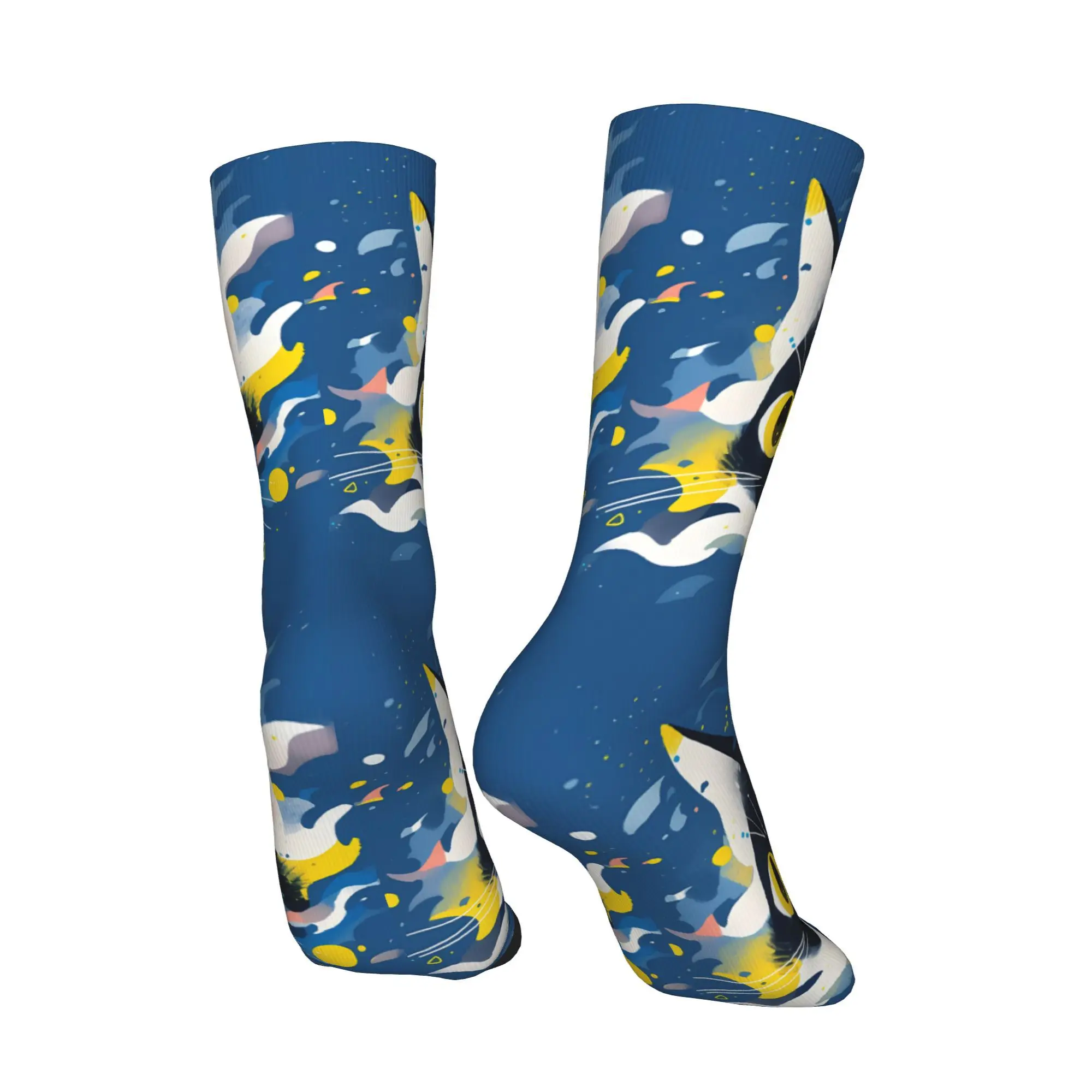 Vintage Rushing Galactic Cat in Blue Men's Socks  Unisex Harajuku Pattern Printed Crazy Crew Sock Gift