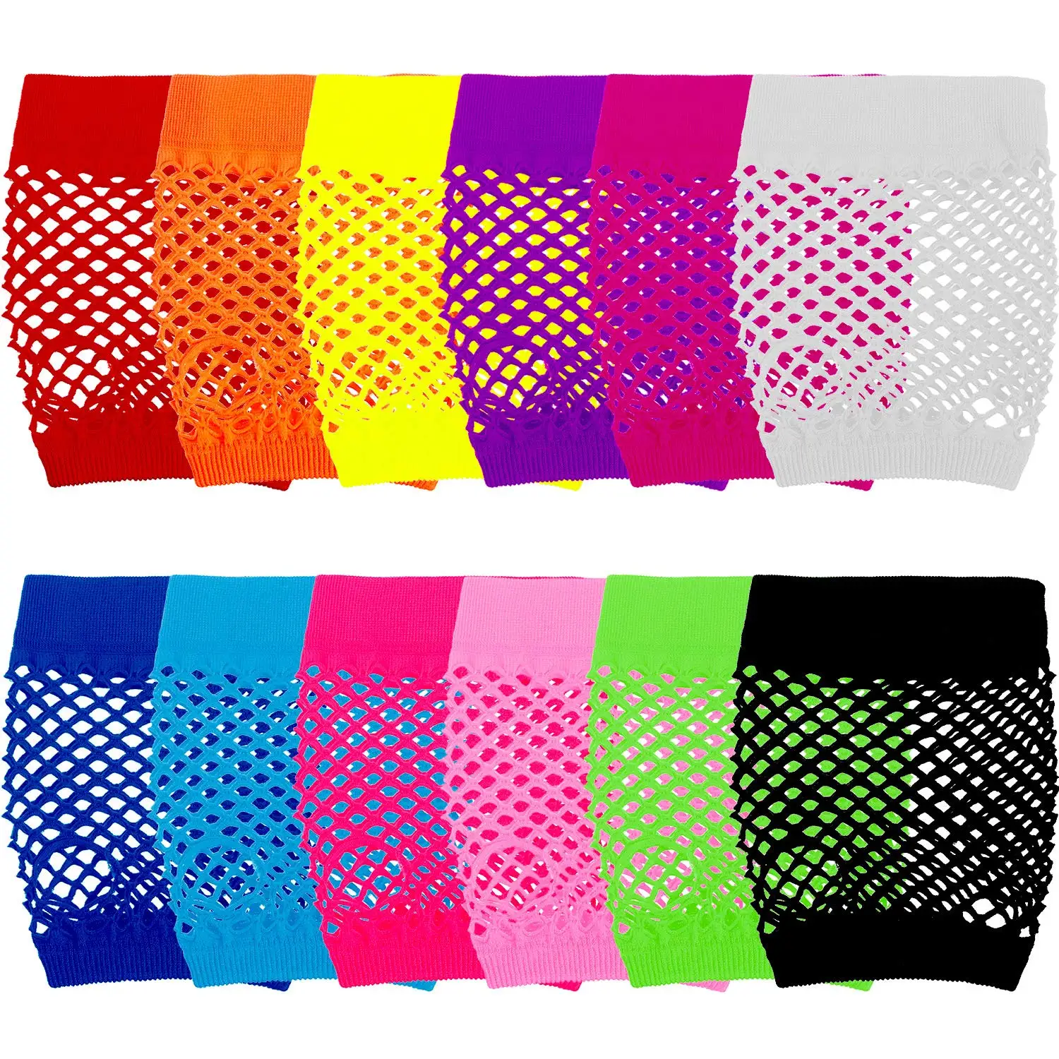 24 Pairs Fingerless Fishnet Neon Gloves for Women - 80s 90s Short Net Mesh Accessories - Assorted Colors for Halloween Party Cos