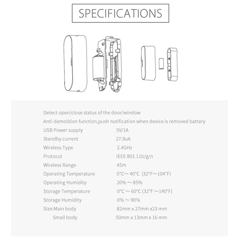 Tuya Smart Door Window Sensor Wifi Smart Home Wireless Door Detectors USB Open/Close APP Remote Alarm