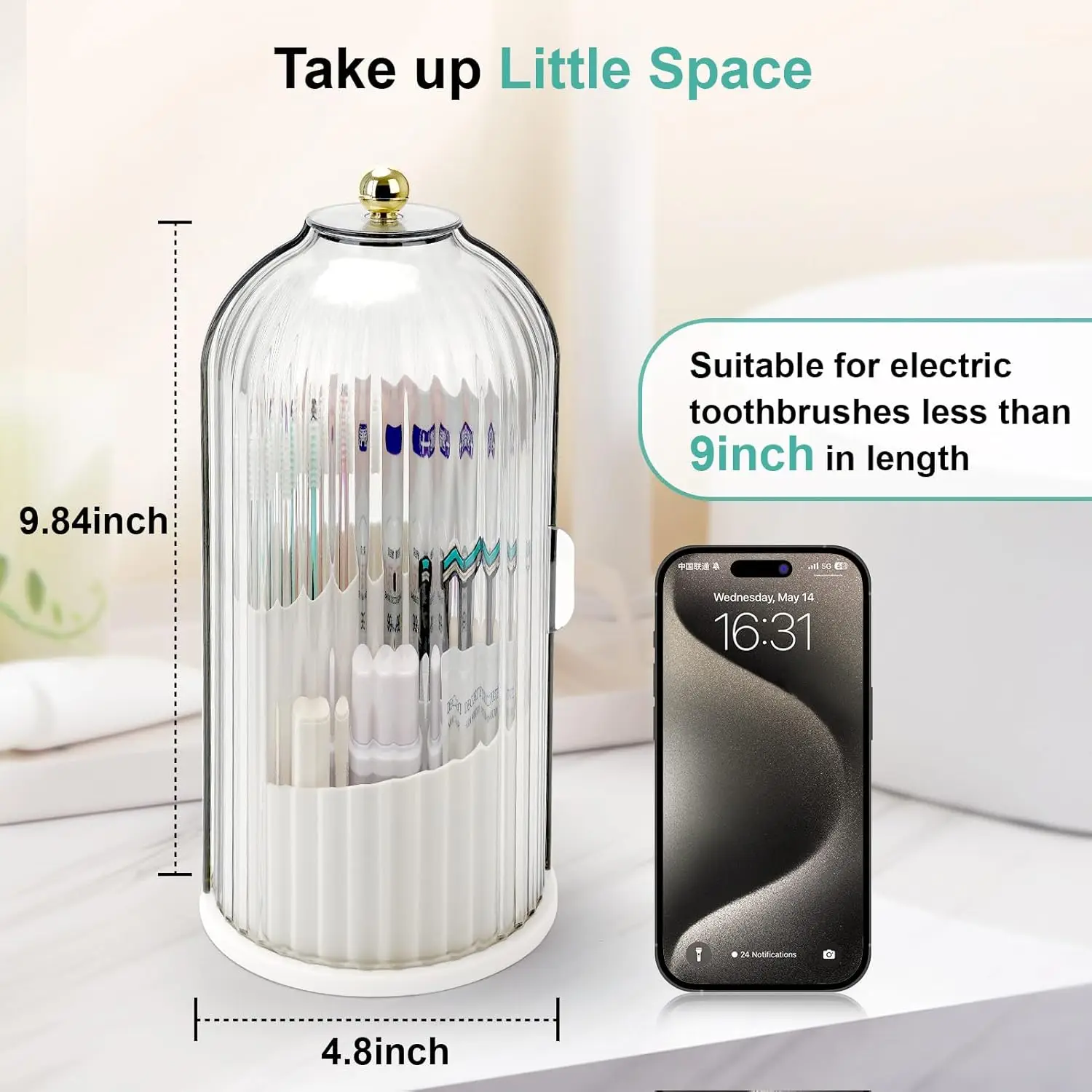 Rotating Toothbrush Holders with Sliding Lid 360° Spinning 3-Slot Countertop Organizer for Tooth Brush Toothpaste Bathroom Sink