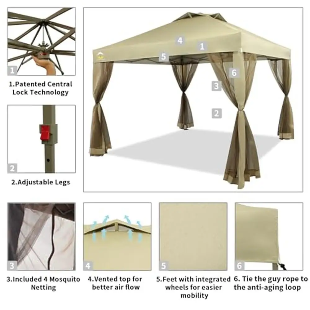 Toldo emergente con estacas de cuerdas de Nettings extraíbles, bolsas de peso y bolsa de almacenamiento, Beige, fácil configuración, gran espacio, protección UV, 10x10