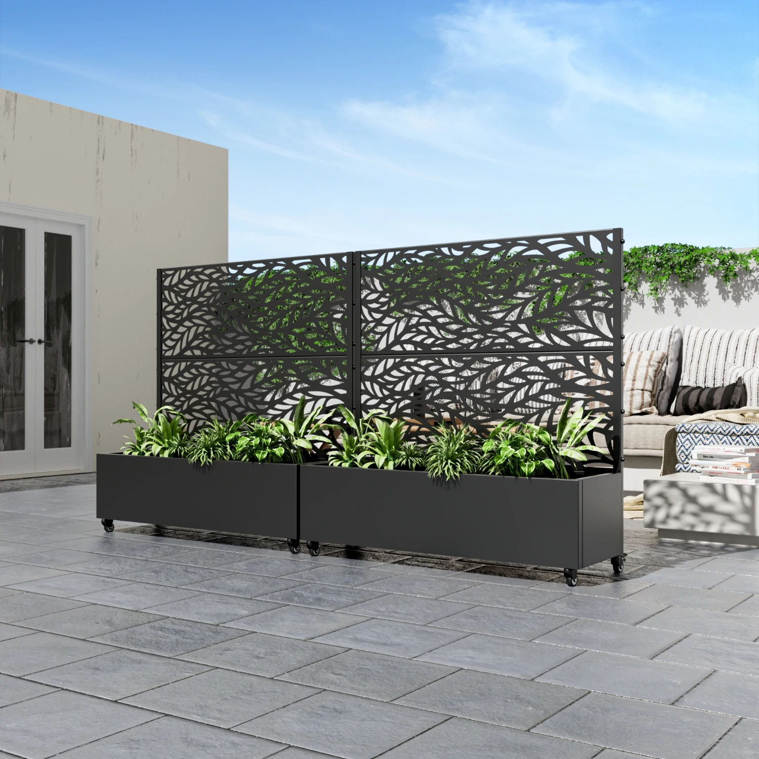 4 ft. H x 4 ft. W Metal Planter Box privacy screen Garden Bed with Trellis and Wheels - Black
