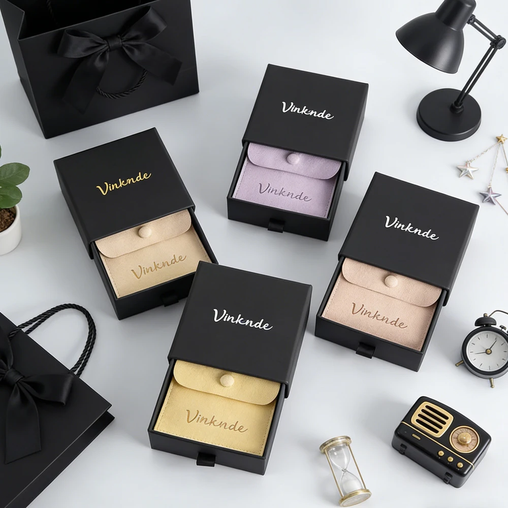 

Персонализированная черная подарочная коробка с ящиком и сумкой-защелкой из микрофибры с принтом логотипа, свадебный кулон, ожерелье, серьги, мешок для хранения ювелирных изделий