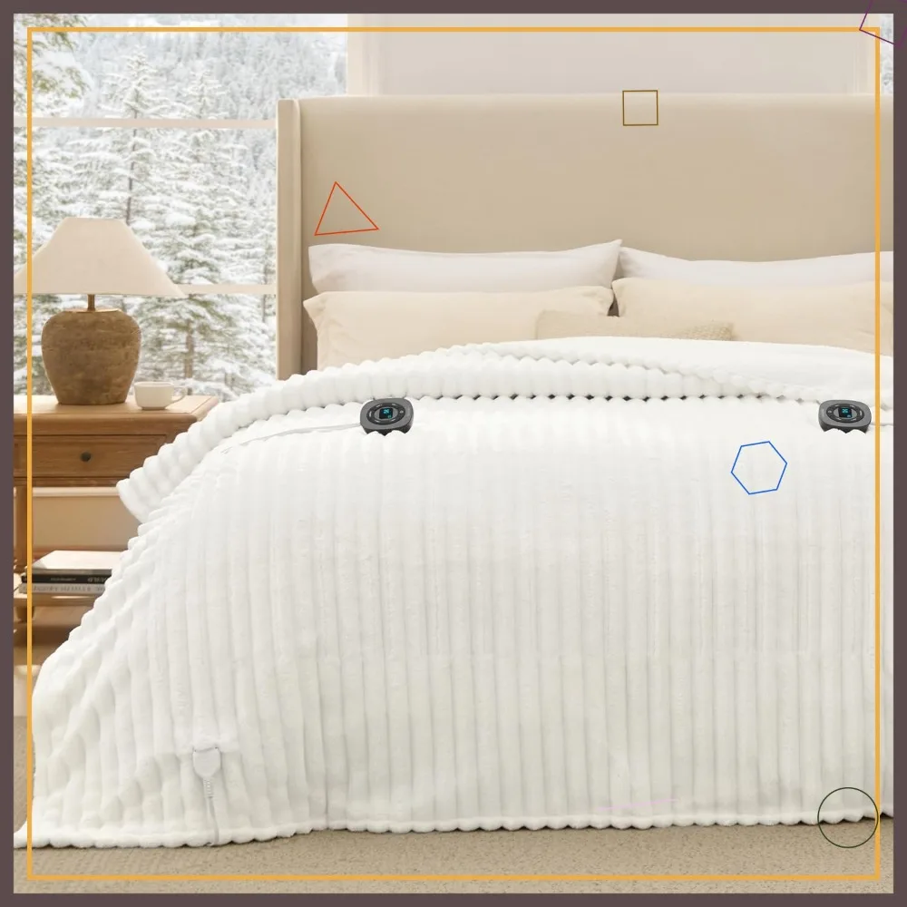 

Queen Size Electric Blanket with Dual Control, 10 Heat & Time Settings, Auto Shut Off Timer - White Flannel (84x90 inches)