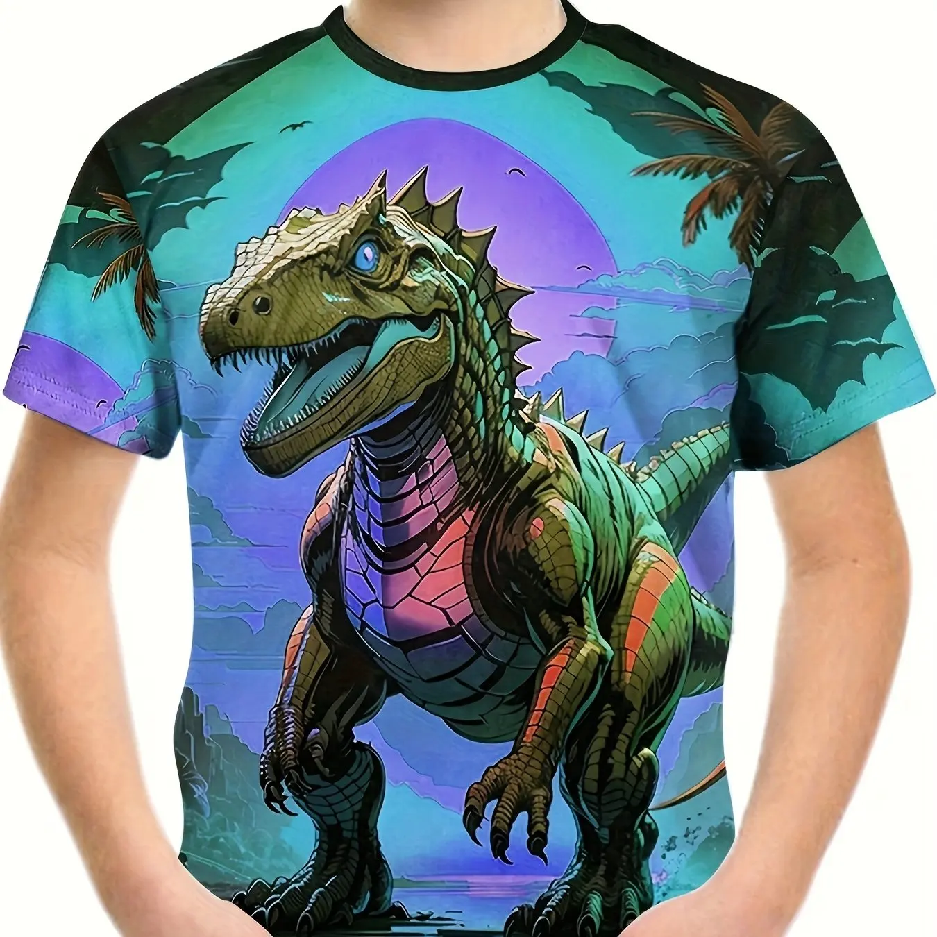 Ropa para niños, camiseta de manga corta con estampado de dinosaurios en 3D, ropa de verano para niños, ropa informal elegante con cuello redondo para niño y niña