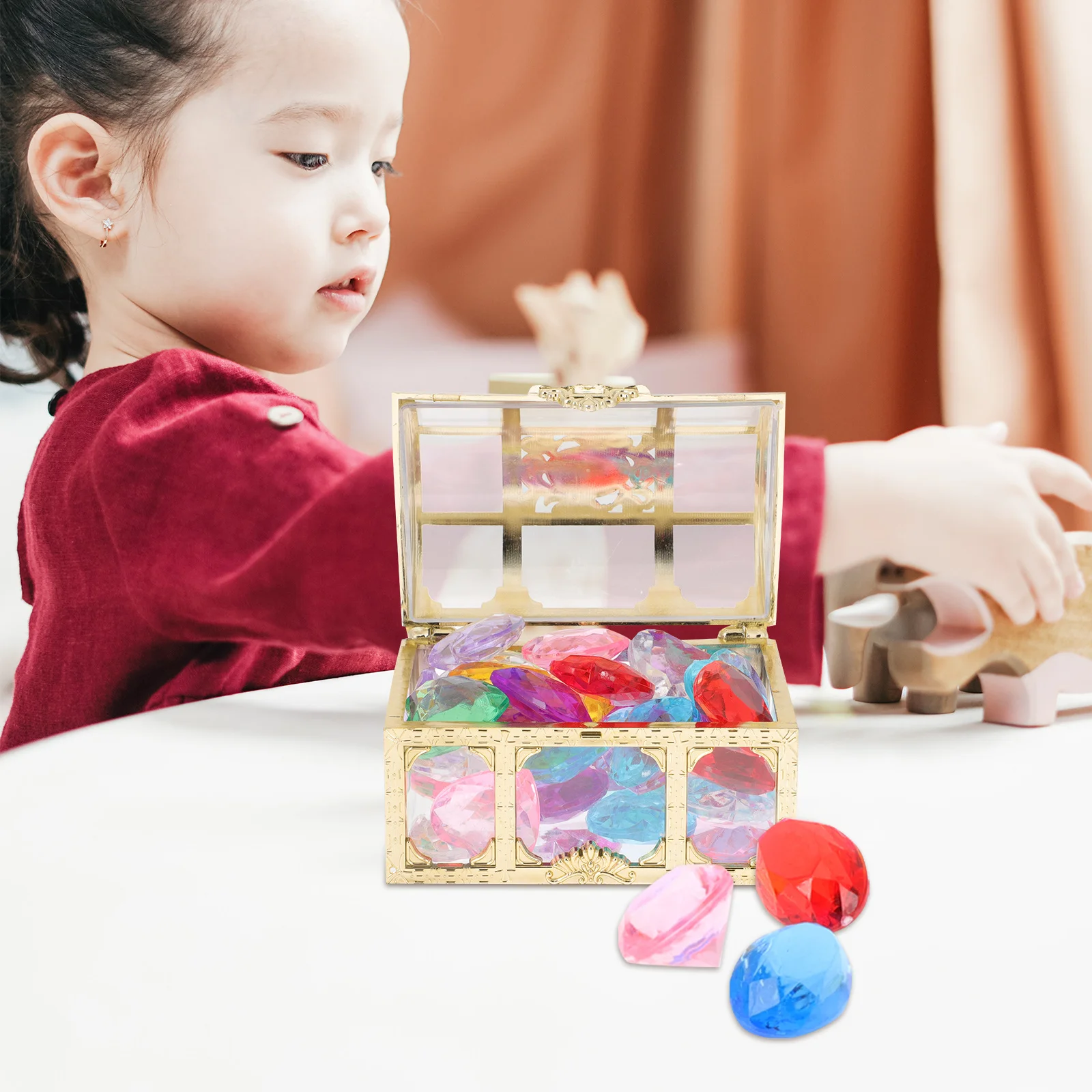 1セット子供用宝箱、カラフルなアクリル宝石付き、子供用宝石遊びシミュレーションダイヤモンドボックス、ポータブル小型花瓶