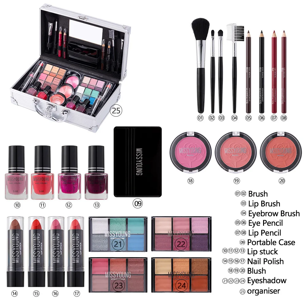 25pcs Full Makeup Set Professional Cosmetic Kit with Aluminum Storage Case Eyeshadow Lipstick Blush Brushes for Daily Use