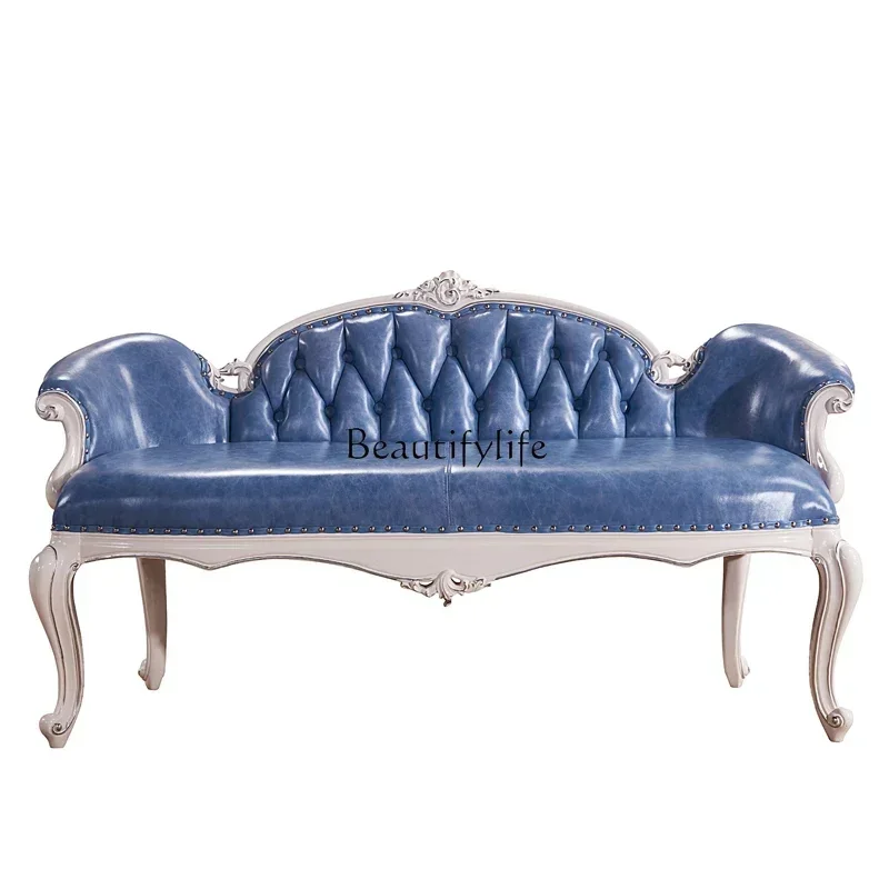 Y2 European leather bedside stool full solid wood carving flower first layer cowhide shoe change American high foot bedside stoo
