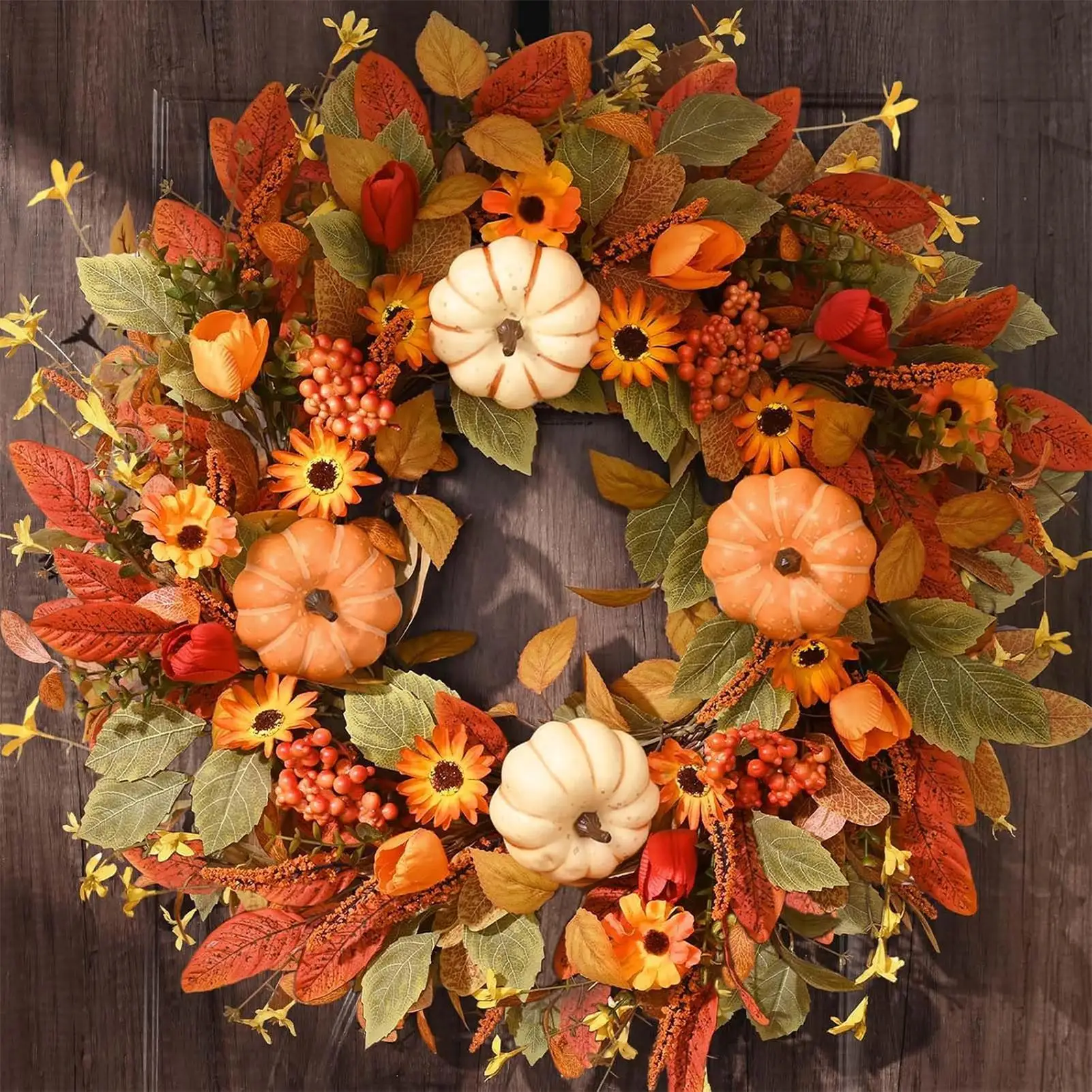 18 Inch Autumn Fall Wreath Large Pumpkin Wreath For Indoor Outdoor Front Door Porch Thanksgiving Farmhouse Harvest Decoration