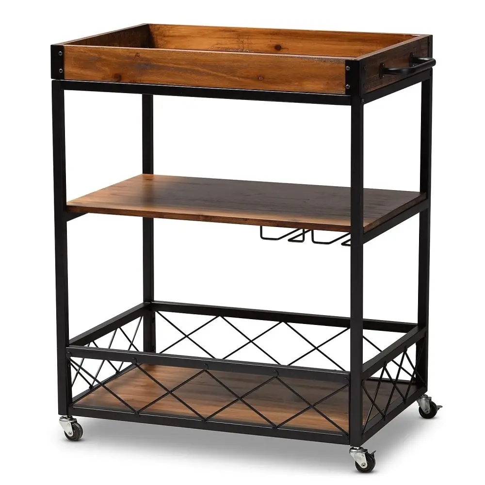 32.6'' Tall Industrial Style Rolling Kitchen Island Wine Cart with Black Finished, Fir Wood Mobile Metal Wine Bar Cart Oak Brown