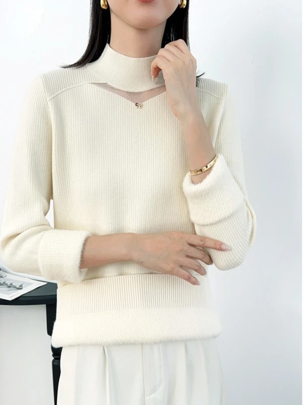 سترة نسائية منسوجة من الدانتيل مبطنة Fce بياقة عالية ملابس داخلية حرارية لخريف وشتاء 2025 سترة جديدة فضفاضة محبوكة... #1