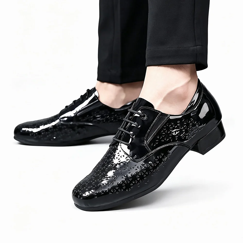 Breathable Hollow Men Latin Dance Shoes Real Cow Leather 2.5&3.5cm Heel Anti-slip Rubber Sole Matte/Shiny Black Ballroom Dancing