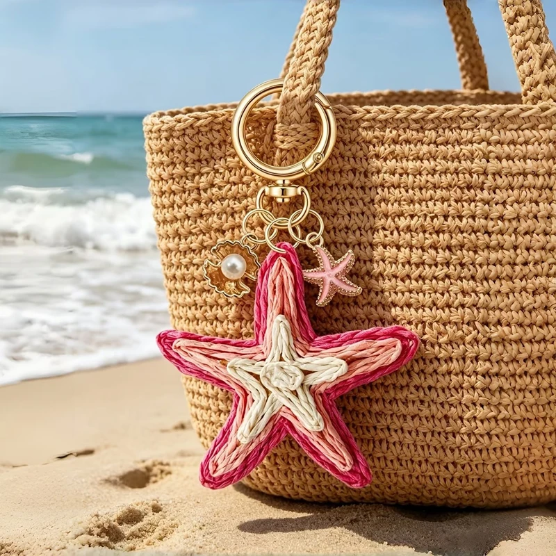Woven Starfish Beach Bag Charm Pink Raffia Tropical Summer Purse Accessories For Straw Totes And Coastal Cruise Vacation Women