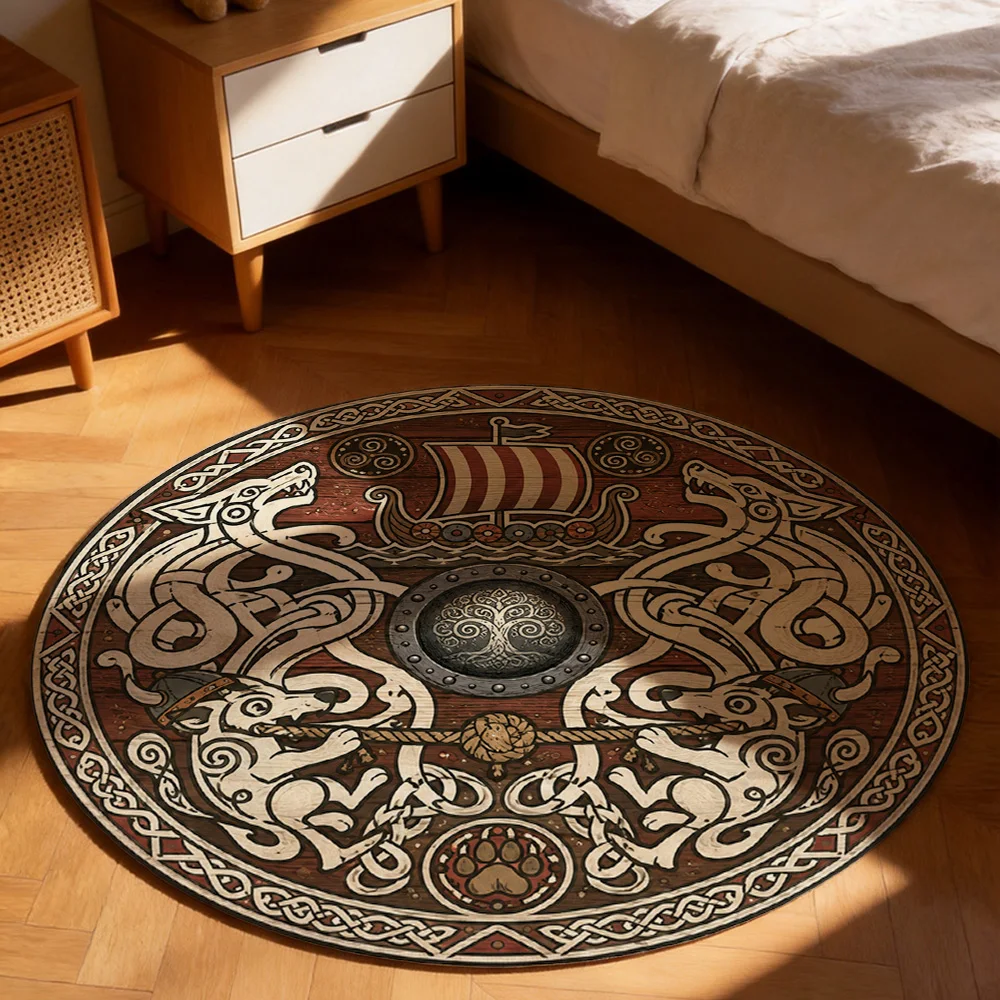 Vintage Nautical Pirate Ship Design Round Area Rug Bohemian Coastal Decor Throw Mat for Living Room Bedroom