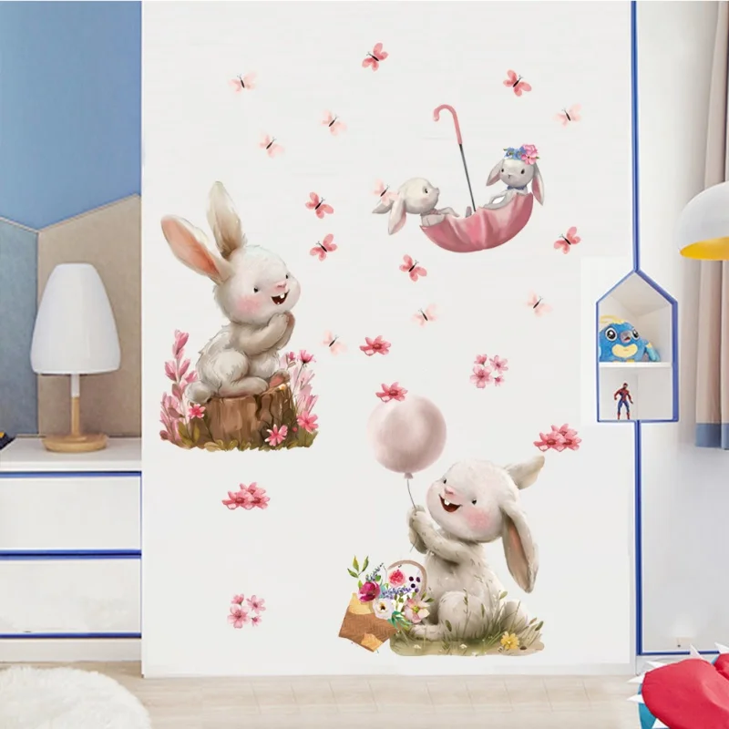 Cute Rabbit Mushroom Cloud Butterfly Wall Sticker Home Decal Cartoon Mural For Kids Bedroom Nursery Toddler Playroom Decoration